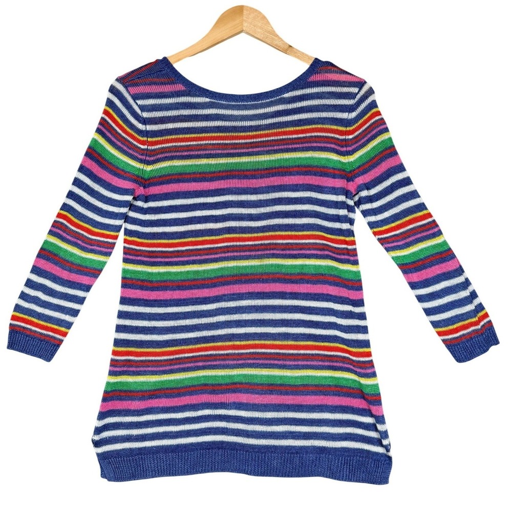 Talbots Linen Sweater Womens Small Petite Blue Rainbow Striped Linen Knit